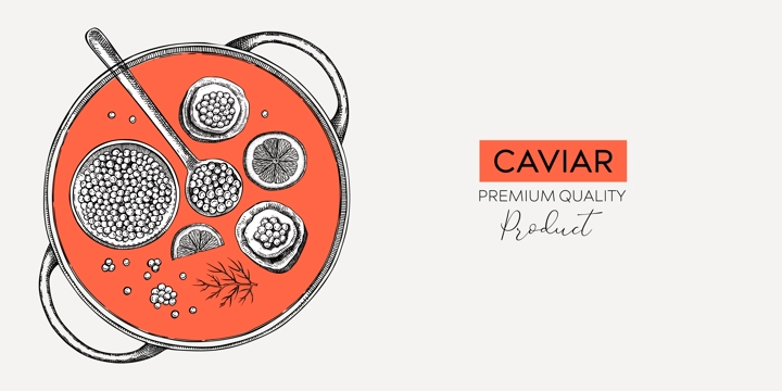 Hand drawn seafood platter in collage style. Canned caviar, red caviar canape, lemons - hand drawn food sketches for restaurant menu or finger food party. Sea delicacy vector background design